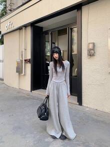 女式休闲日常字母图案圆领修身长袖 T 恤 - 灰色 - 查看 3