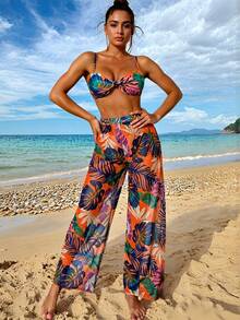 Conjunto De Bikini De 3 Piezas Con Estampado Tropical Y Corte Alto Para Playa De Verano Con Cubierta,Bañador Bikini Halter Con Estampado Tropical,Bañadores Para Fest - Naranja - Ver 1
