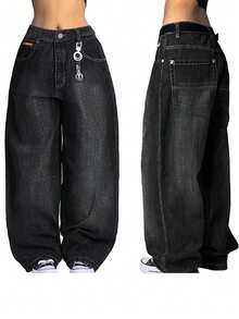 Christmas Costumes Women's Hip Hop Baggy Jeans Wide Leg Mid-Low Waist Jeans Loose Boyfriends Jeans 90s Vintage Denim Pants,Fall And Winter Clothes For Women - 黑色-1 - 查看 1