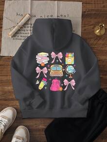 一件少女休闲印花套头卫衣，保暖内衬，长袖，秋冬季学生青少年服装 - 趣味多彩的卫衣，激发每个孩子的想象力 - 深灰色 - 查看 3