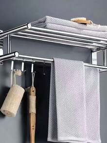 1pc 50cm Thickened 304 Stainless Steel Hotel Home Bathroom Towel Rack, Bath Towel Holder, Bathroom Towel Storage Rack, Drill-Free And Drill-Mount Dual-Use Bathroom Hardware Wall-Mounted Toilet Towel Rack, Double-Layer Bathroom Towel Rack With Hooks, Suitable For Bathroom Storage Organizer. Rust-Proof SUS304 Stainless Steel Towel Rack, Wall-Mounted Double-Layer Towel Rack, Suitable For Shower Room Bathroom. Double-Layer Bathroom Towel Rack With Storage Shelf - Silver - View 3