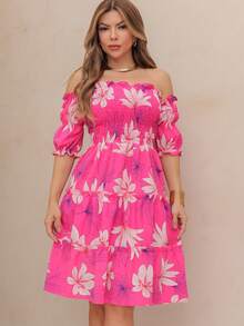 Short Lastex Dress/Short Sleeve/Off-Shoulder/Floral/Print/36-42/Women - 110-pINK - View 1