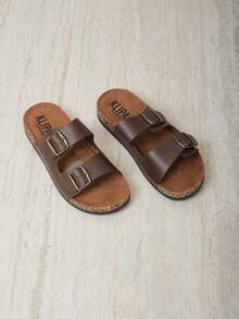 Sandalias de playa de moda para caballero con doble hebilla, suela de corcho ergonómica, planas de punta abierta, transpirables, versátiles y cómodas para caminar al aire libre - Café integral - Ver 5