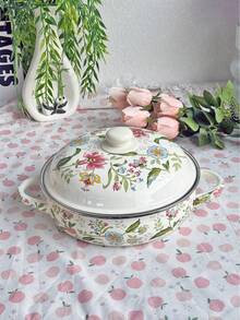 1 套 24 厘米/9.45 英寸多用途超厚花卉珐琅烤盘、煎锅、双柄珐琅盖 - 非常适合户外派对、炖菜、汤锅和盛菜盘，适合盛放食物、小吃、水果、寿司、披萨和甜点，可用于燃气灶和电磁炉或壁炉和火坑，可作为礼物赠送给朋友和家人