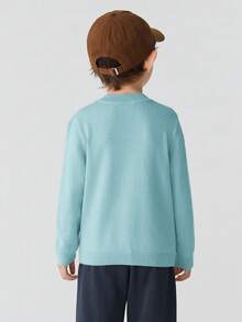 Balabala Tween Boy Casual Letter Embroidered Crew Neck Long Sleeve Loose Knit Pullover Sweater, Autumn/Winter - Sky Blue - View 3