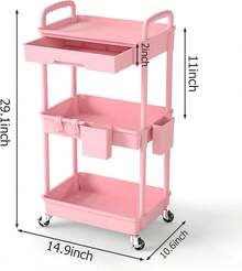 3 Tier Rolling Utility Cart Organizer With Removable Drawer, Stable And Sturdy Black Rolling Storage Carts With 2 Lockable Wheels For Bathroom, Kitchen, Snack, Craft, Makeup, Baby Essentials - Pink - View 1