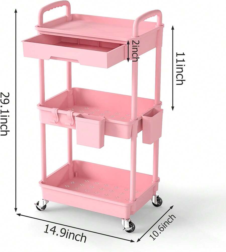 3 Tier Rolling Utility Cart Organizer With Removable Drawer, Stable And Sturdy Black Rolling Storage Carts With 2 Lockable Wheels For Bathroom, Kitchen, Snack, Craft, Makeup, Baby Essentials - Pink - View 1