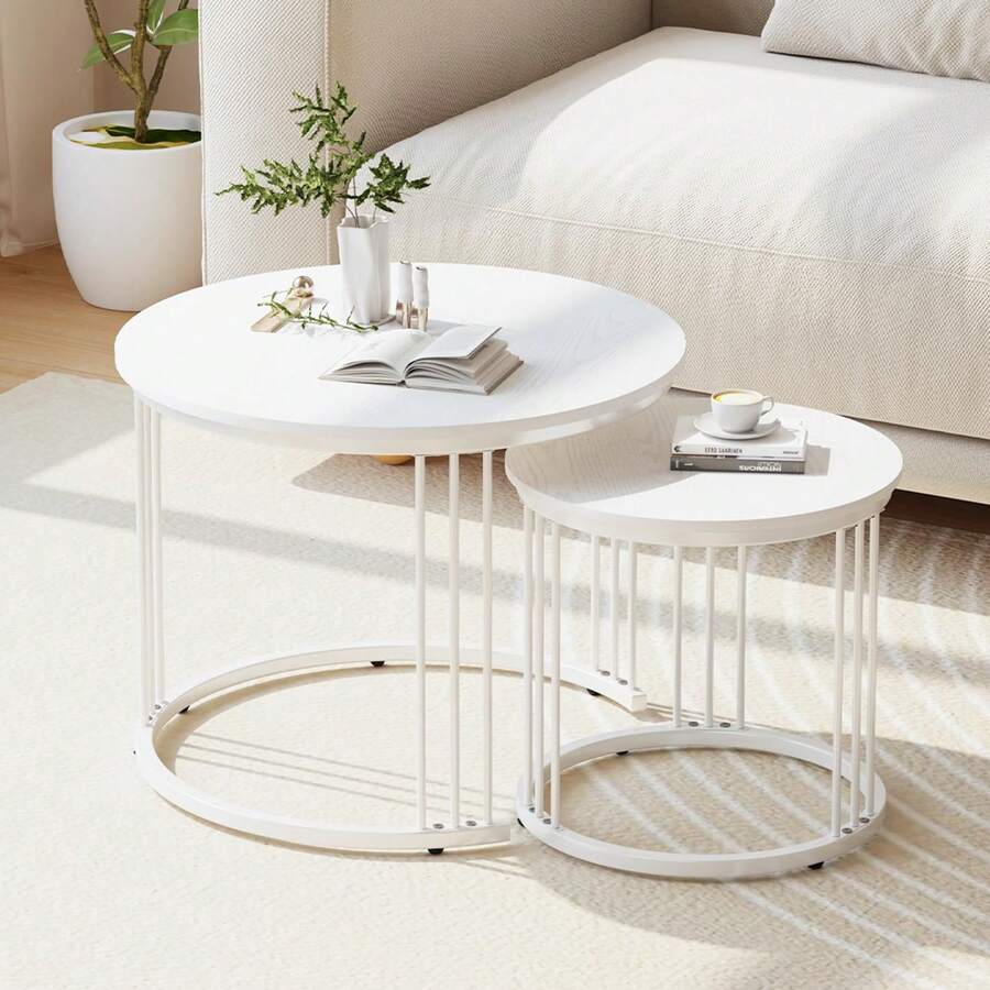 Nesting Coffee Table, 23.6" Round Coffee Table Set Of 2, Wooden Nesting Table With Metal Frame, Ceter Tables For Living Room Bedroom Balcony - 白色 - 查看 1