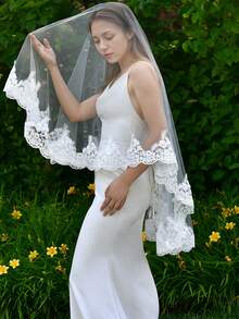 1.5m Long Single Layer Cathedral Veil For Bride, Lace Trim Hard Tulle Bridal Headpiece, Vintage Soft Tulle High-Quality Wedding Accessory, No Comb - 米色 - 查看 8