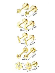 10pcs Low Allergenic Flat Stud Earrings, Unisex, Gold Plated Stainless Steel Material, Mini Screw Cartilage Studs - Ear Stud - View 17