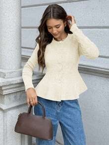 FOR BEAUTY 纯色圆领长袖修身女士毛衣，新款休闲通勤开衫，时尚优雅简约外套毛衣上衣，新年必备 - 花杏 - 查看 6