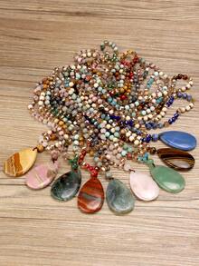 Dây chuyền thắt nút thủ công 108 hạt đá Aventurine, Rhodochrosite, Sodalite & Labradorite với mặt dây chuyền hình giọt nước lớn, trang sức đá tự nhiên phong cách Bohemian, món quà đặc biệt cho năm mới. - Nhiều màu - Xem 4