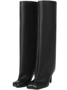 Women's Knee High Boots Square Toe Stiletto Heel Tall Shoes Wide Calf Long Boots Heeled Slouchy Shoes - 黑色pu - 查看 8