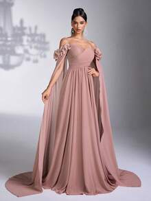 AOSHABABI 雪纺飘逸长款晚礼服，露肩荷叶边袖 + 飘逸斗篷，垂坠腰部喇叭裙，适合正式场合、音乐节、庆典、婚礼、派对、毕业典礼、鸡尾酒会、约会、节日和伴娘礼服 - 藕粉色 - 查看 6