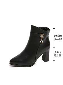 秋冬新款尖头女式粗高跟时尚靴子，英伦风踝靴 - 黑色 - 查看 7