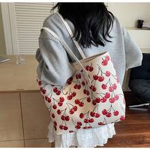 Cute Cherry Pattern Large Capacity Handbag| Women's Casual Versatile Shoulder Tote, Simple Fashion Shopping Bag, Everyday Work Purse - 白色 - 查看 3