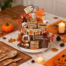 Thanksgiving Tiered Tray Decor Set 15Pcs Wooden Fall Table Signs For Home Office Party Decor - Multicolor - View 5