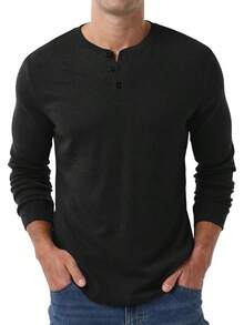 Men's Henley Long Sleeve Casual Classic Button Pullover Tee - Styles - 黑色 - 查看 4