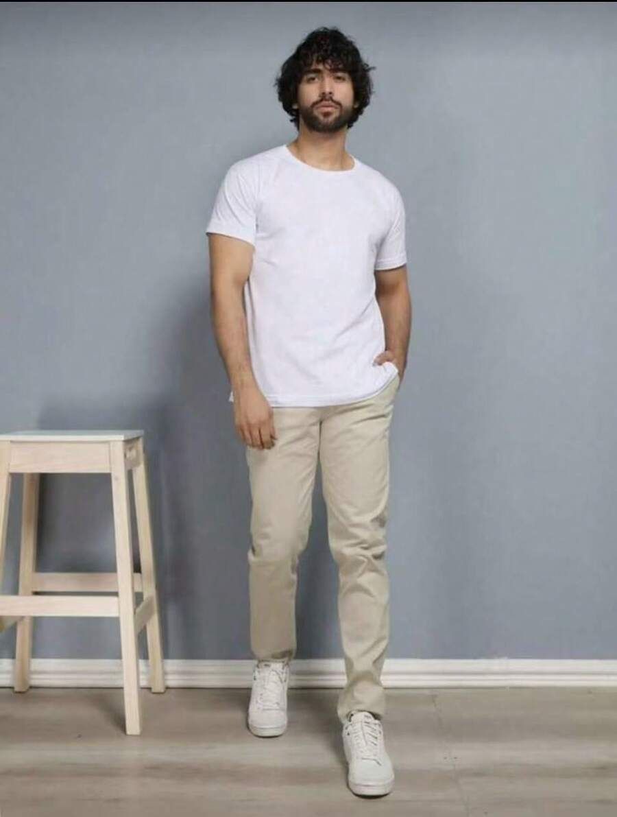 Men's Slim Casual Traditional Fit Twill Pants With Elastane, Built-In Pocket, Skinny - 米色 - 查看 1