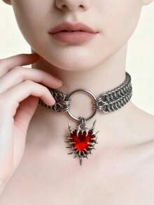 1pc Punk Heart Rivet Pendant Necklace, Metal Colorful Necklace Suitable For Party, Festival, Performance Outfit Matching - Silver - View 3