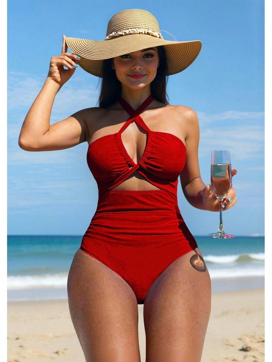 Traje De Baño De Una Pieza Para Mujer Con Correa De Cuello Halter,Para Vacaciones En La Playa - Rojo - Ver 1