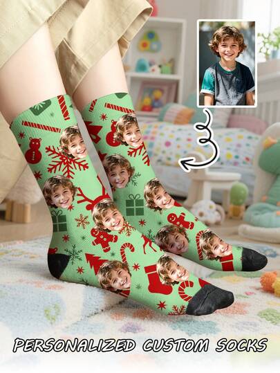 1 par de calcetines de tubo medio con diseño navideño personalizado con impresión frontal para niños, calcetines de pareja, foto personalizada a juego, calcetines de pareja divertidos, cómodos y transpirables, diseño de dibujos animados creativos, regalo perfecto para vacaciones, cumpleaños, Día de San Valentín, divertido, loco, anime, calcetines multicolor