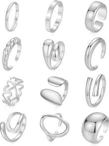 12 PCS Multi-Piece Fashion Versatile Silver & Gold-Toned Geometric, Heart & Twisted Detail Ring Set - Stackable Styles For Daily & Occasion