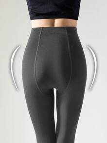 1/2 Pairs Women Gray Fleece Tights, Elastic Slim Fit Soft Brushed Stirrup Tights For Spring & Autumn, Cozy - Grey - View 5