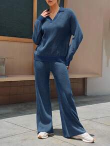 Fisoew Matching Sets For Women 2025 Fall Winter Striped Knit Set | Oversized Sweater & Lounge Pants | Y2K Cozy Matching Outfit | Women's Casual Street Style Tracksuit - 深藍色 - 查看 7