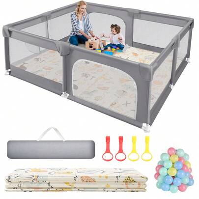 Sour Lemon 180*200cm Baby Playpen For Baby And Toddlers With Foldable Baby Play Mat, Included Baby Playpens Pull Up Rings With Balls, Infant  Indoor Kids Activity Center Saftety Play Fence Yard Easy To Install