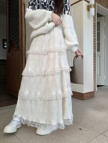 2026 Spring Women's French Lace Layered Brushed Ruched Ruffled Hem Flared Skirt - Apricot - View 3