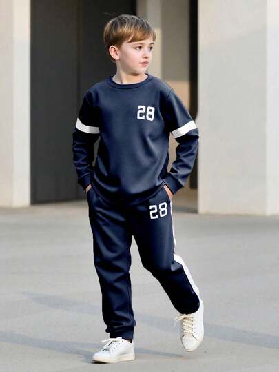 2 st/set Tween Boy Casual Printed Sweatshirt And Byxor Set, Vår/Höst