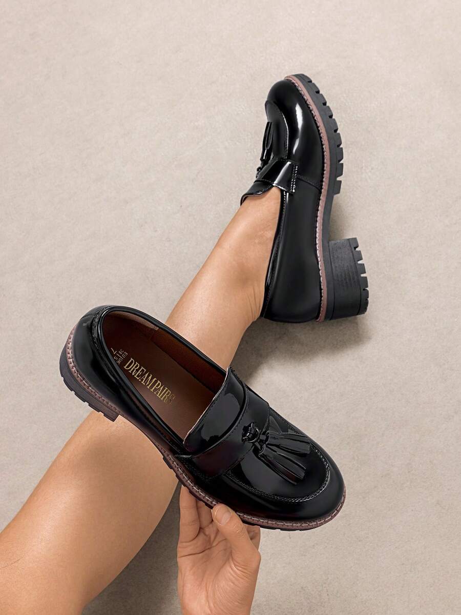 Women Black Patent Loafers Slip On Platform Chunky Heel Dress Work Business Casual School Preppy Loafers Autumn Shoes - 蒙特內哥羅 - 查看 1