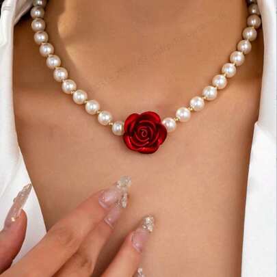 Red Rose Pendant Pearl Necklace For Women, Luxury Vintage Choker Necklace, Exaggerated European And American Fashion Accessory