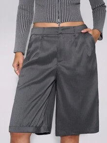 TypaGal Women's Striped Pocket Gray Woven Bermuda Shorts Fall Autumn Winter Casual Sporty Chic Modern Going Out Strip Pattern Pockets - Grey - View 3