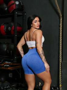 Yoga Shorts Sports Gym Leggings  Tie Dye Crumpled Butt Lifting Seamless High Waist YI-016 - 寶藍色 - 查看 4