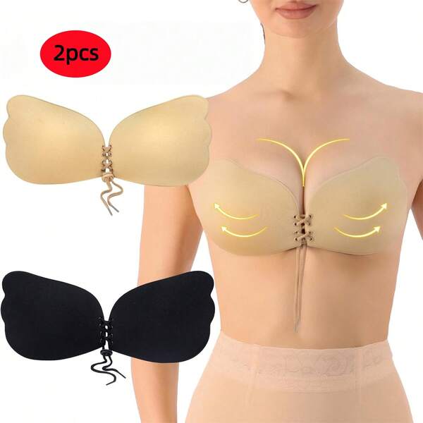 2 Pairs(Skin Color+Black)Self-Adhesive Invisible Bra With Strapless Bra, Wedding Dress Push-Ups Bra With Non-Slip Nipples And Bracket Underwear