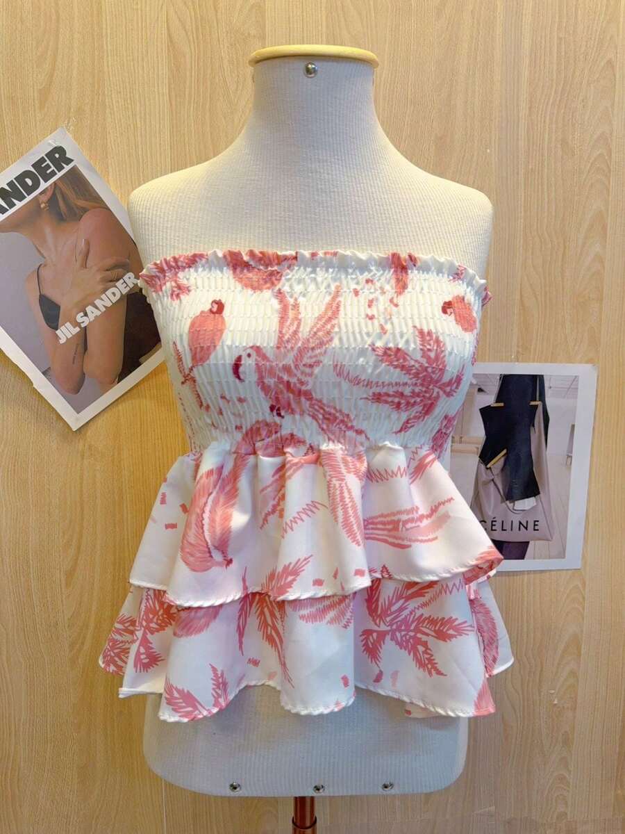 Printed Cropped Blouse With Elastic Ruffle - Baby Pink - View 1
