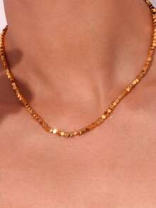 1pc Stainless Steel Square Beaded Necklace, Fashionable Gold Color, Suitable As A Gift - necklace - View 14