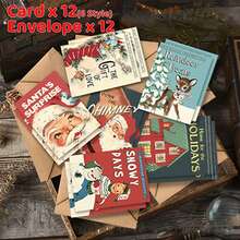 12pcs/24pcs Vintage Santa Claus & Reindeer Design Christmas Greeting Cards With Envelopes, Holiday & New Year Wishes, Chinese New Year Greetings, Christmas Winter Party Invitations, Christmas Decorations