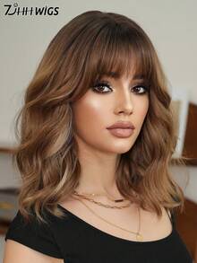 7JHH WIGS Parrucca corta ondulata color terracotta marrone sfumato con frangia per donna, parrucca riccioluta a onde di lunghezza spalle con radici scure, capelli sintetici resistenti al calore adatta per uso quotidiano, feste, cosplay, 14 pollici