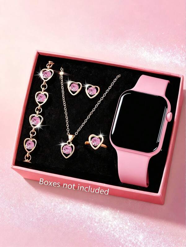 6 Pieces / Sets Of Fashionable, Elegant, Romantic And Classic LED Digital Display Square Electronic Watches For Girls. Suitable For Girls To Wear. Comes With A Jewelry Bracelet, Necklace, Ring And Earrings Set. Suitable For Students. Very Suitable For Use In Daily Life Such As Going Back To School, Parties And Traveling. It Is Very Suitable As A Gift For Friends, Birthday Gifts, Graduation Season Gifts. It Is The Perfect Gift For Girls.