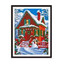 Christmas Gift DIY Cross Stitch Kit - Cozy Christmas Red House In Snow, 11CT Beginner Friendly, Home Decor Wall Art Material Set