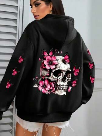 Fashionable Autumn/Winter 3D Printed Skull & Butterfly Holiday Themed Loose Drawstring Hoodie Sweatshirt For Women