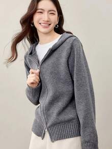 Plain Ribbed Zip-Up Casual Hooded Cardigan - Grey - View 4