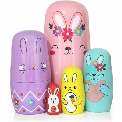 5-Layer Adorable Pink Bunny Russian Nesting Dolls,Easter Cute Rabbit Wooden Matryoshka Nesting Dolls With Garland Carrot Heart Pattern For Kids Stacking Christmas Birthday Easter Toy Gift Home Decoration