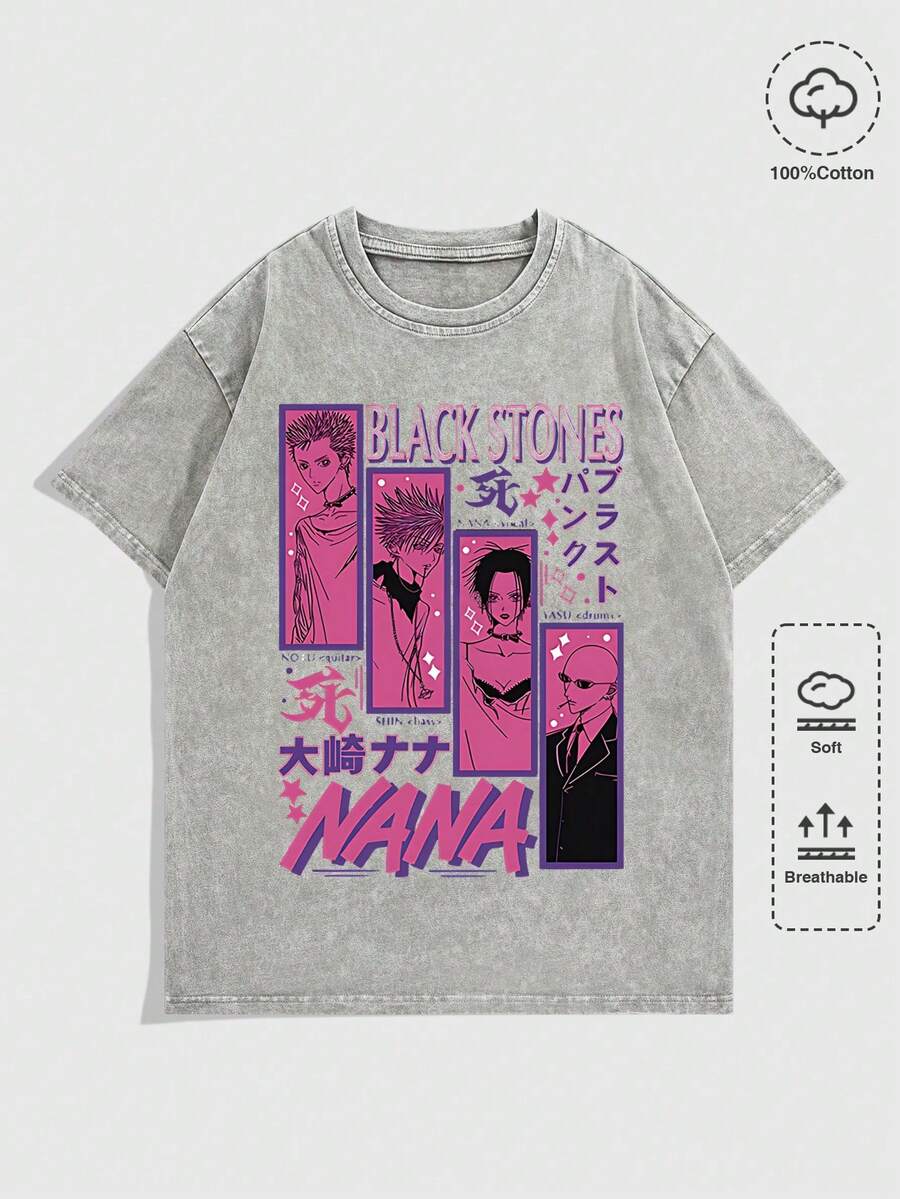 EWH Men's T-Shirt, Retro, "NANA - Black Stones" Anime Themed, Print, Pattern, Loose Fit, Short Sleeved, Top 004 - A - 灰色 - 查看 1
