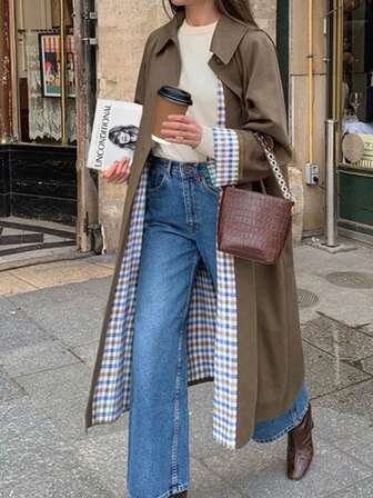 女士格纹纽扣休闲宽松中长款风衣