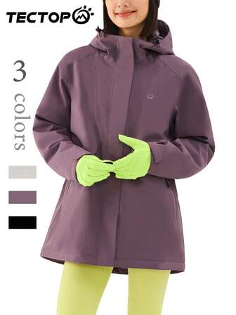 TECTOP Women's Outdoor Padded Coat, Mid-Length, Autumn/Winter, Large Pockets, Hooded, Outdoor Hiking Skiing Padded Windbreaker
