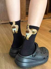 3双装女士新款卡通3D狗狗图案趣味可爱透气舒适中筒袜 - 彩色 - 查看 10